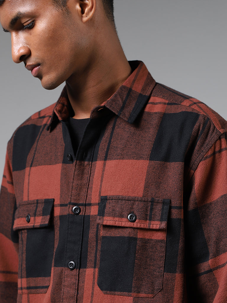 Nuon Brown Buffalo Plaid Checked Relaxed-Fit Shirt