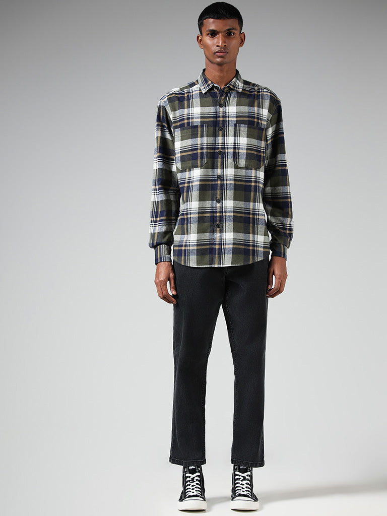 Nuon Olive Plaid Checked Cotton Relaxed-Fit Shirt