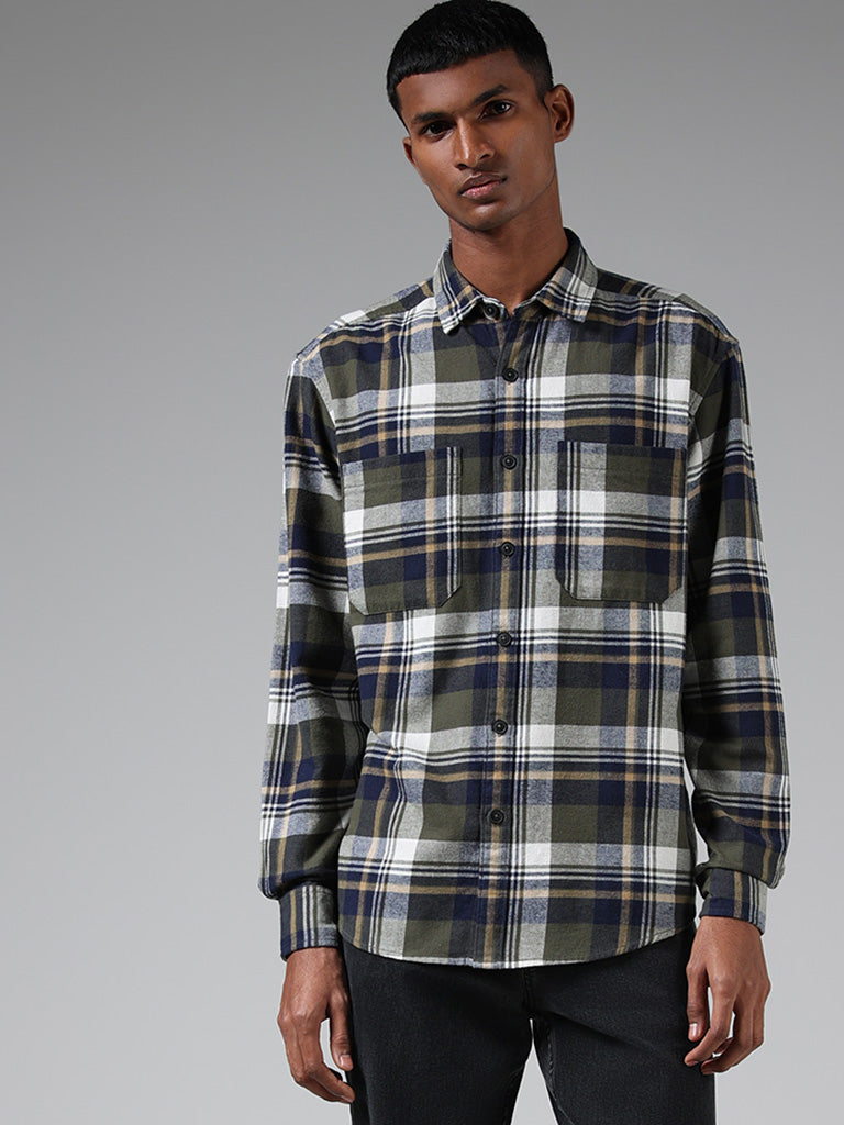 Nuon Olive Plaid Checked Cotton Relaxed-Fit Shirt