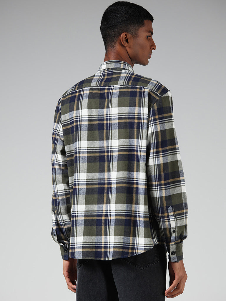 Nuon Olive Plaid Checked Cotton Relaxed-Fit Shirt