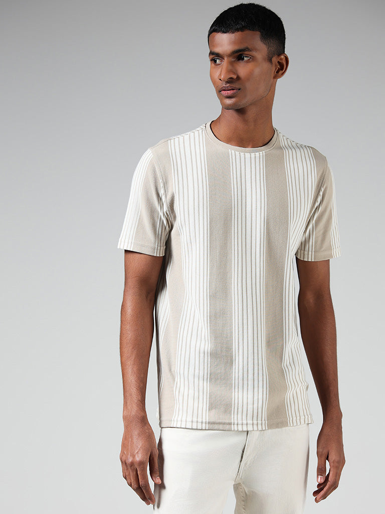 Nuon Off White Striped Cotton Slim-Fit T-Shirt