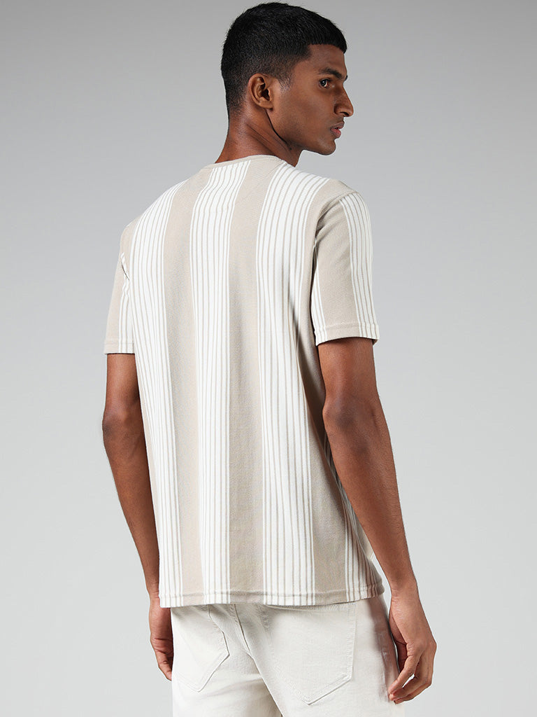 Nuon Off White Striped Cotton Slim-Fit T-Shirt