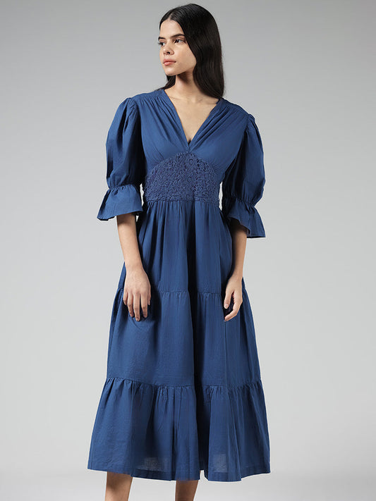 Bombay Paisley Indigo Floral Lace Cotton Tiered Dress