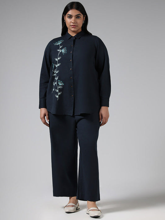 Diza Navy Floral Embroidered Cotton Shirt