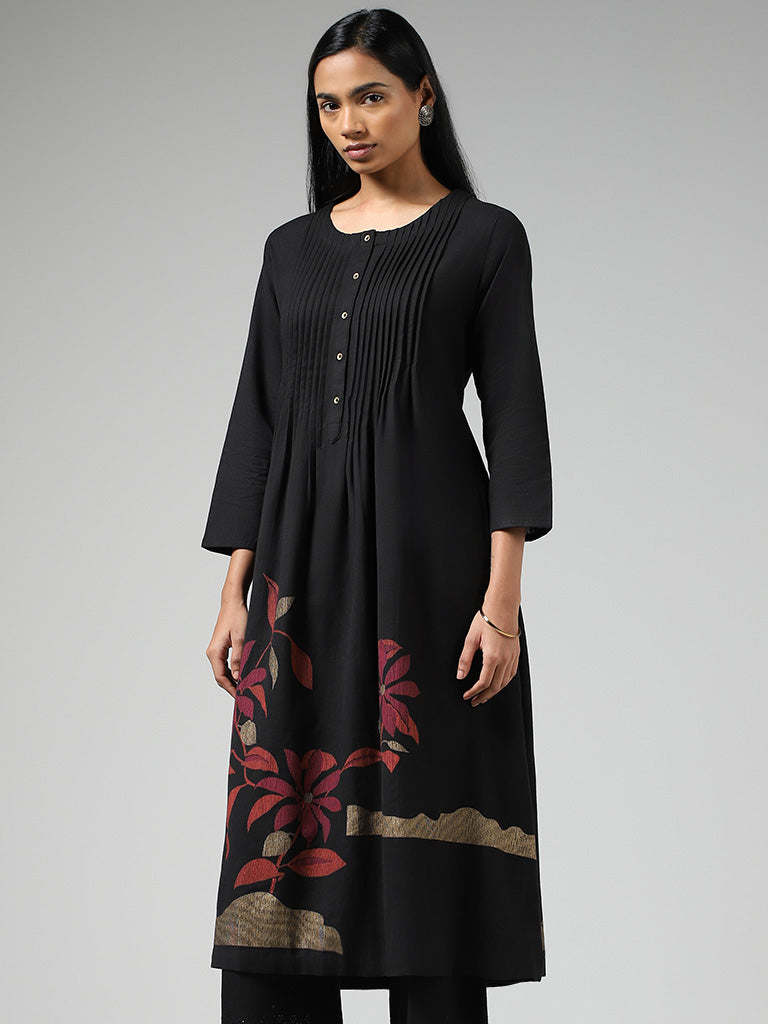 Utsa Black Floral Printed Pintucked Gathered Kurta