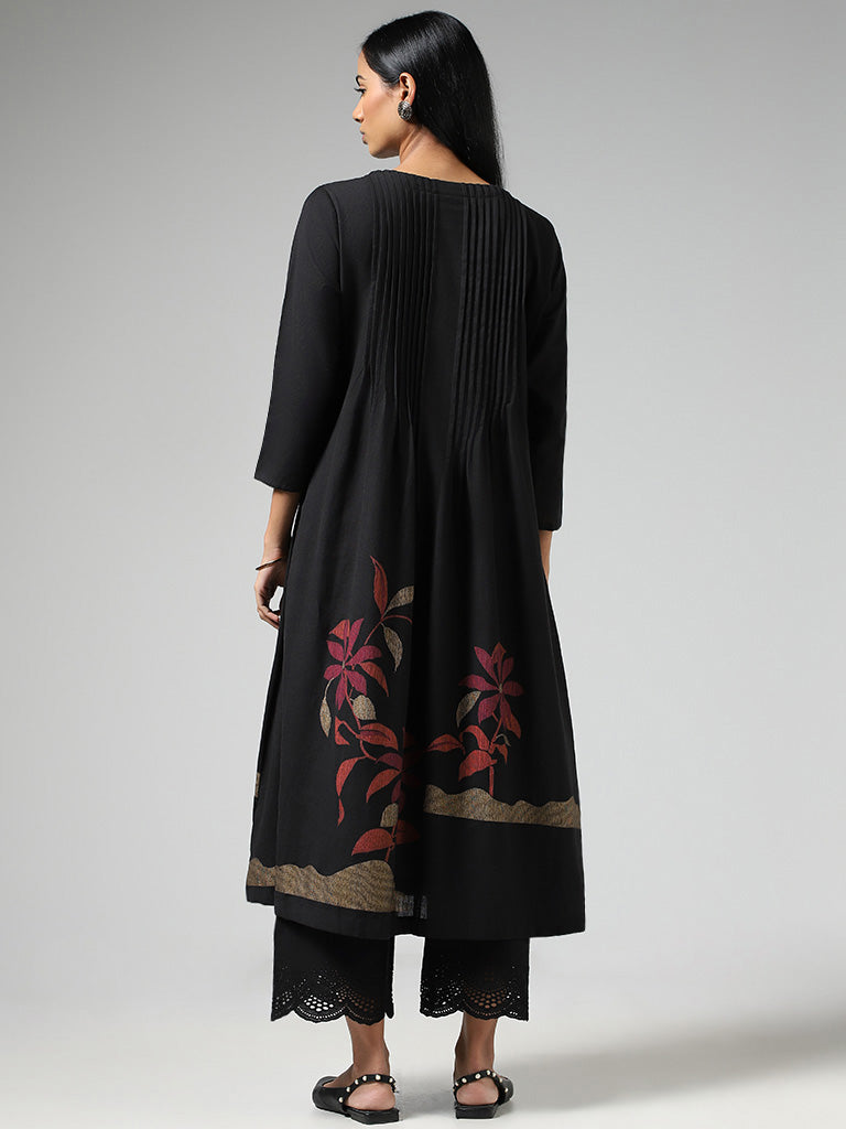 Utsa Black Floral Printed Pintucked Gathered Kurta