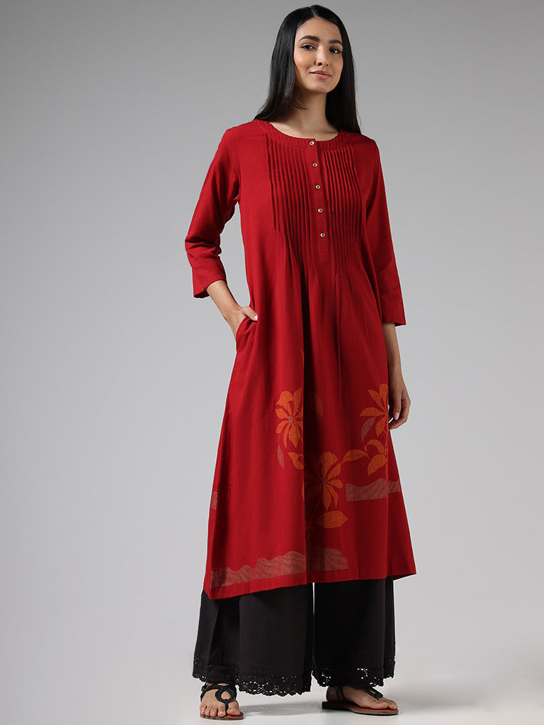 Utsa Red Floral Printed Pintucked Gathered Kurta