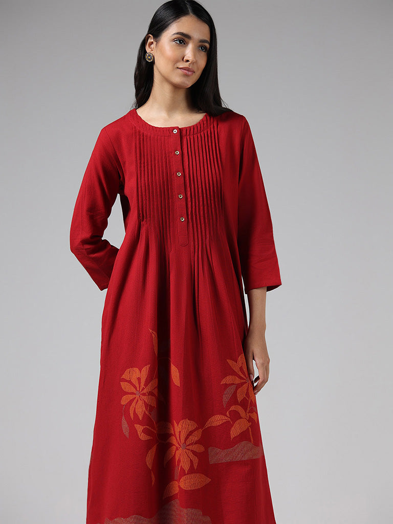 Utsa Red Floral Printed Pintucked Gathered Kurta