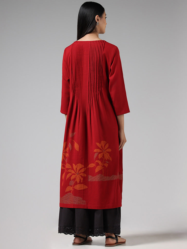 Utsa Red Floral Printed Pintucked Gathered Kurta