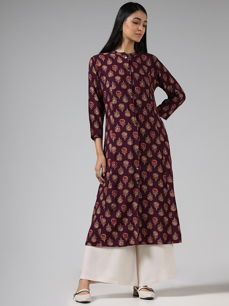 Utsa Wine Floral Printed Buttoned Down Kurta