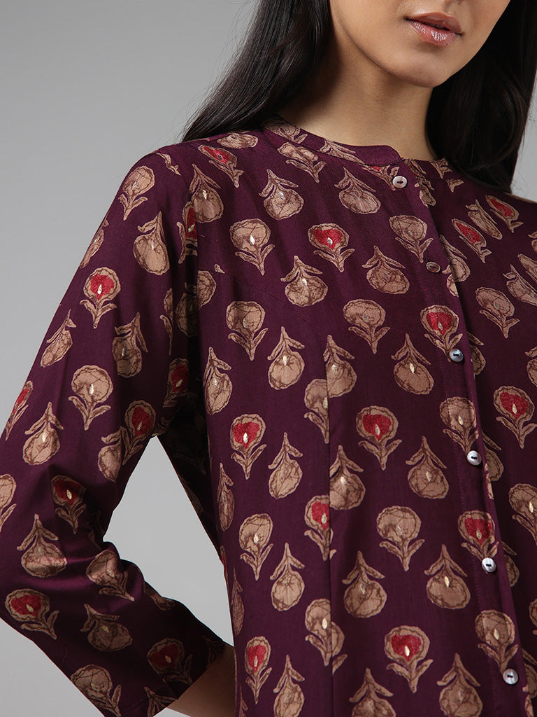 Utsa Wine Floral Printed Buttoned Down Kurta