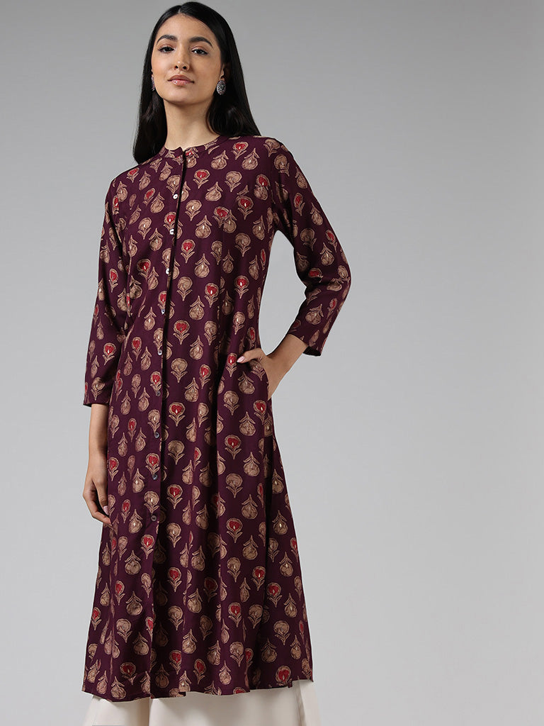 Utsa Wine Floral Printed Buttoned Down Kurta