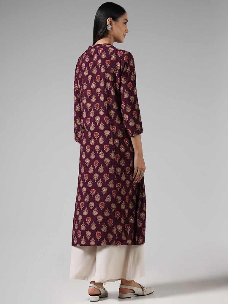 Utsa Wine Floral Printed Buttoned Down Kurta