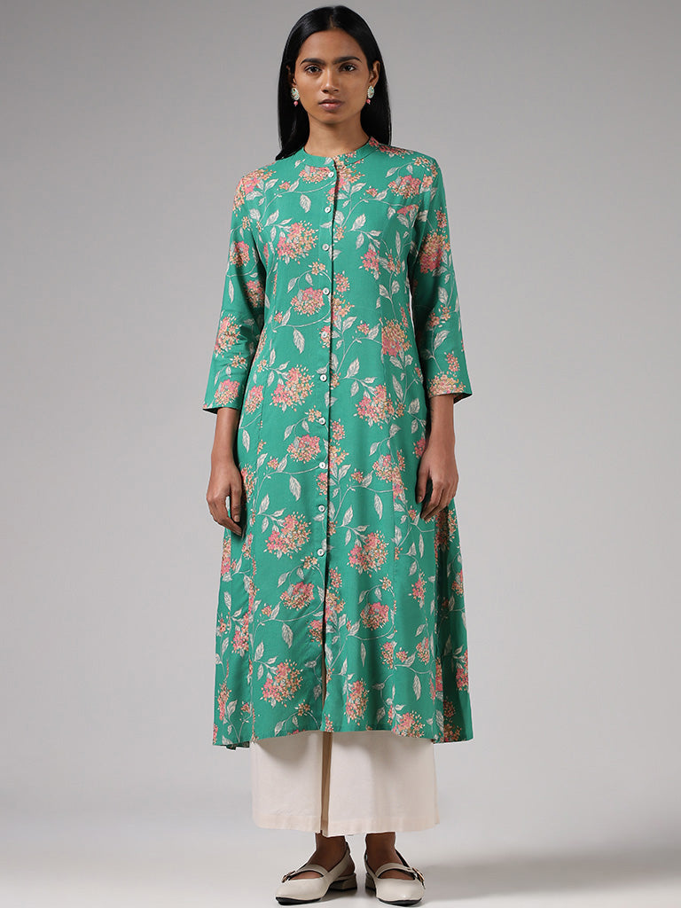 Utsa Green Floral Printed Button Down Kurta