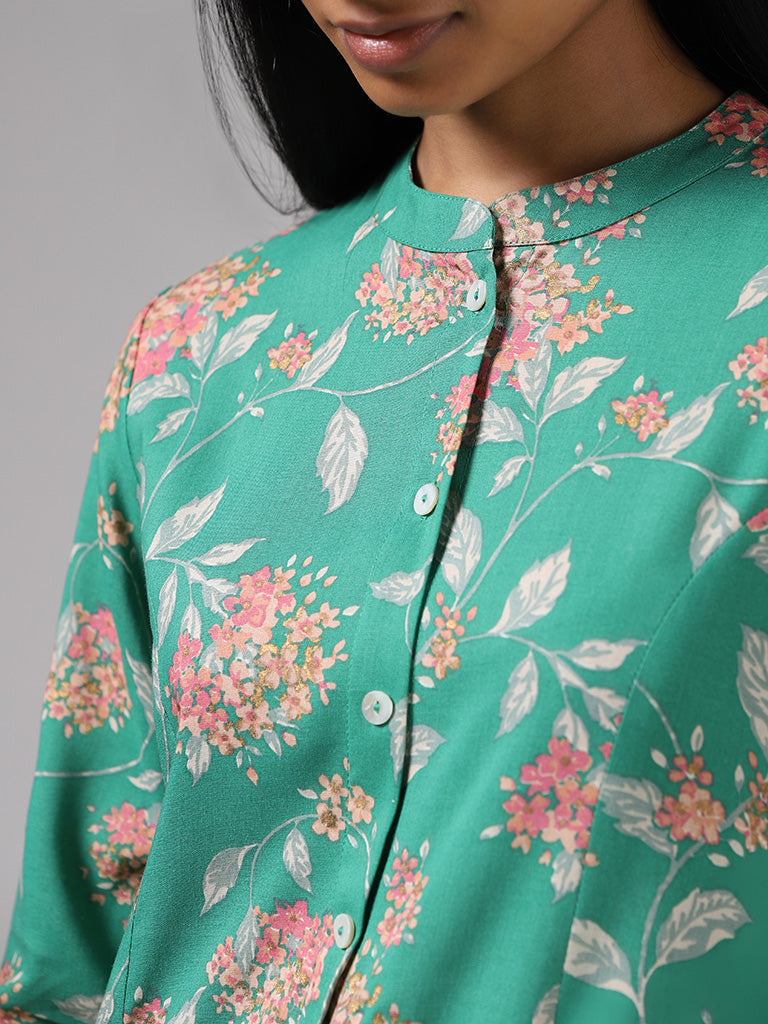 Utsa Green Floral Printed Button Down Kurta