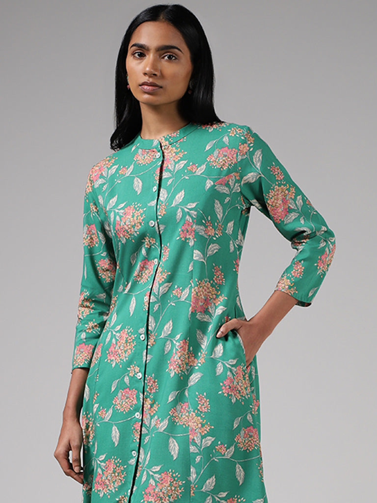 Utsa Green Floral Printed Button Down Kurta