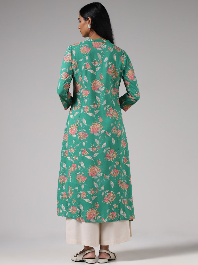 Utsa Green Floral Printed Button Down Kurta