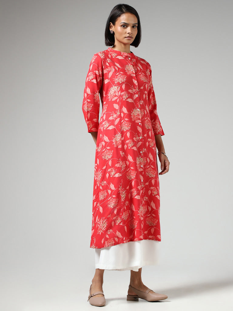 Utsa Red Floral Printed Buttoned Down Kurta