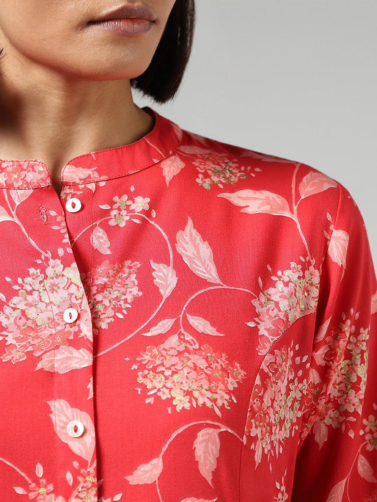 Utsa Red Floral Printed Buttoned Down Kurta