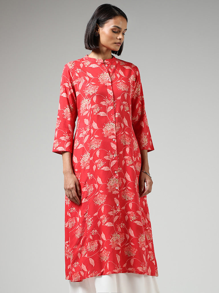 Utsa Red Floral Printed Buttoned Down Kurta