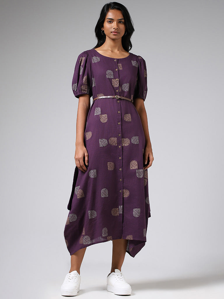 Utsa Dark Purple Printed Cotton Button-Down Dress with Belt