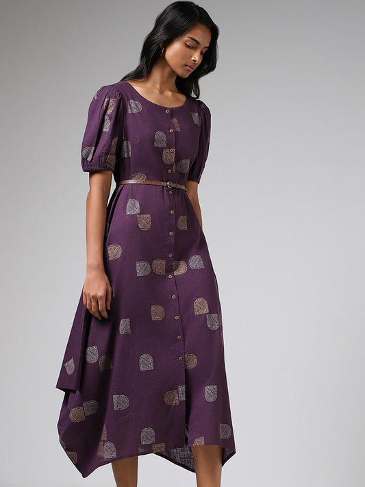 Utsa Dark Purple Printed Cotton Button-Down Dress with Belt