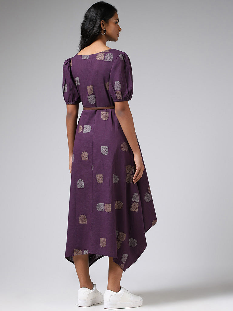 Utsa Dark Purple Printed Cotton Button-Down Dress with Belt