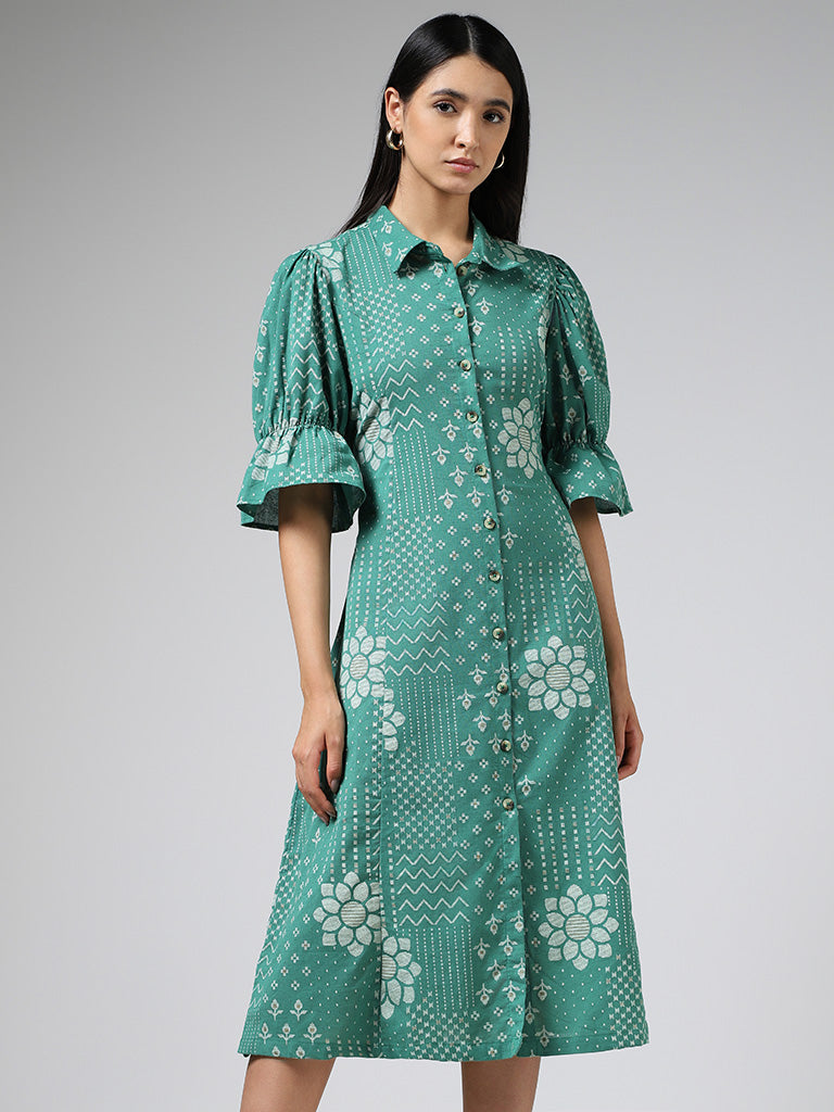 Utsa Green Geometric Patch Printed Shirt Dress