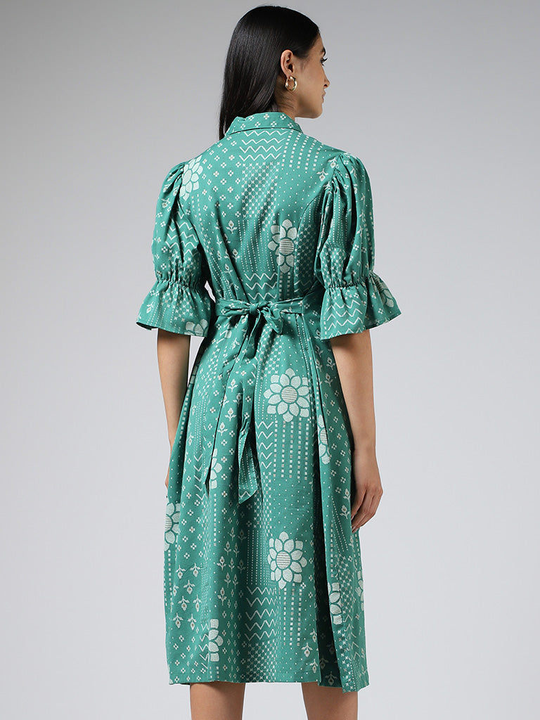 Utsa Green Geometric Patch Printed Shirt Dress