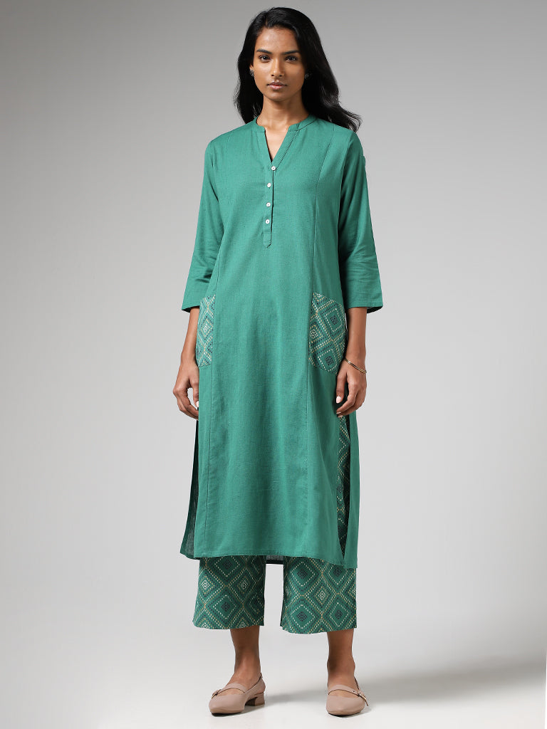 Utsa Aqua Green Geometric Printed Straight Kurta