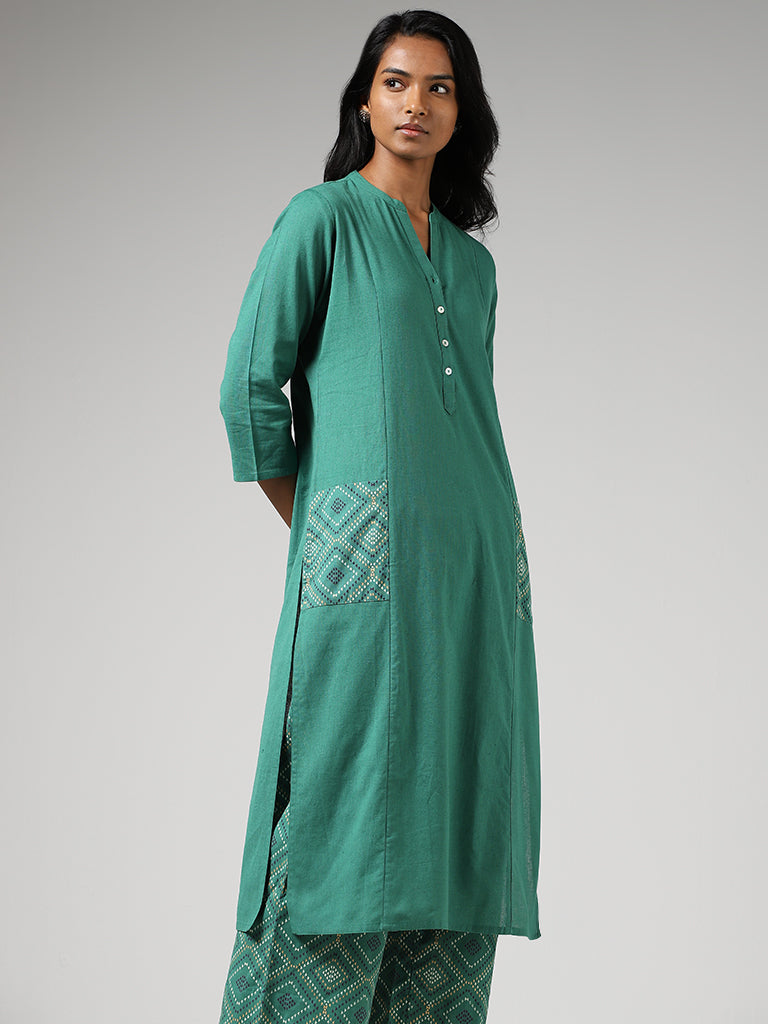 Utsa Aqua Green Geometric Printed Straight Kurta