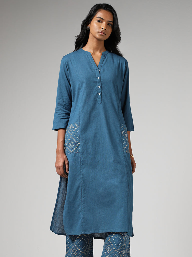 Utsa Blue Geometric Printed Straight Kurta