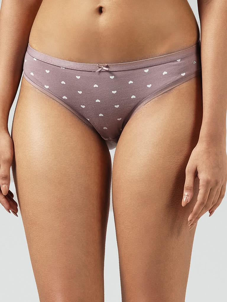 Wunderlove Light Taupe Printed Cotton Blend Bikini Briefs - Pack of 3