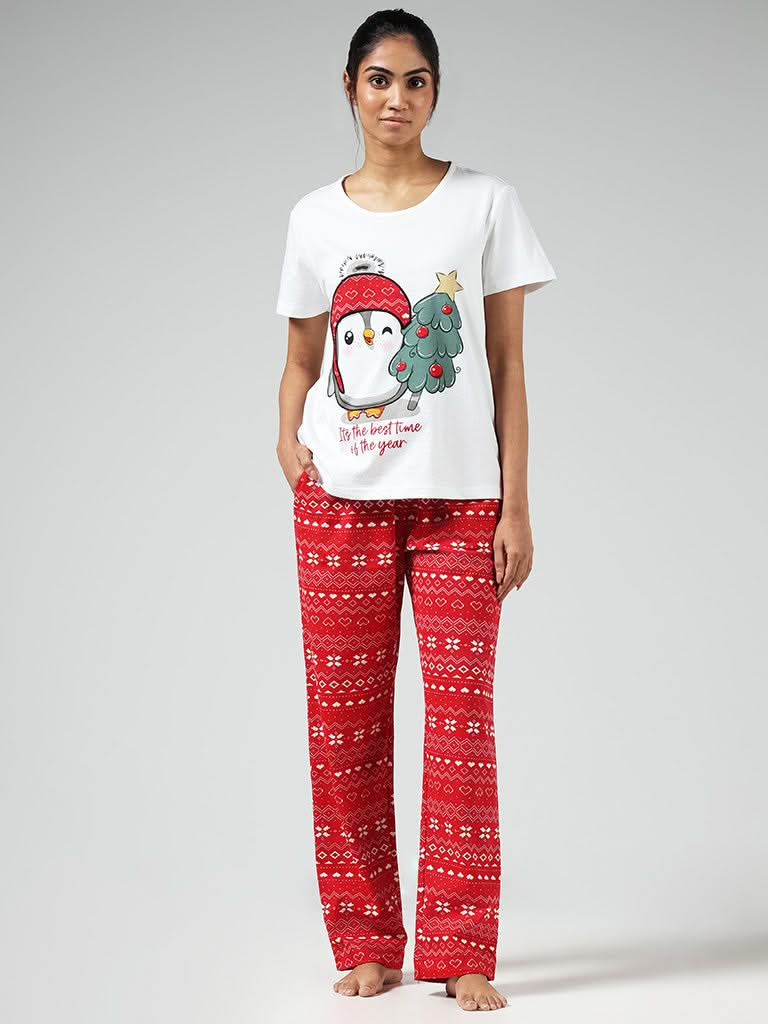 Wunderlove White Christmas Printed Cotton T-Shirt and Pyjamas Set