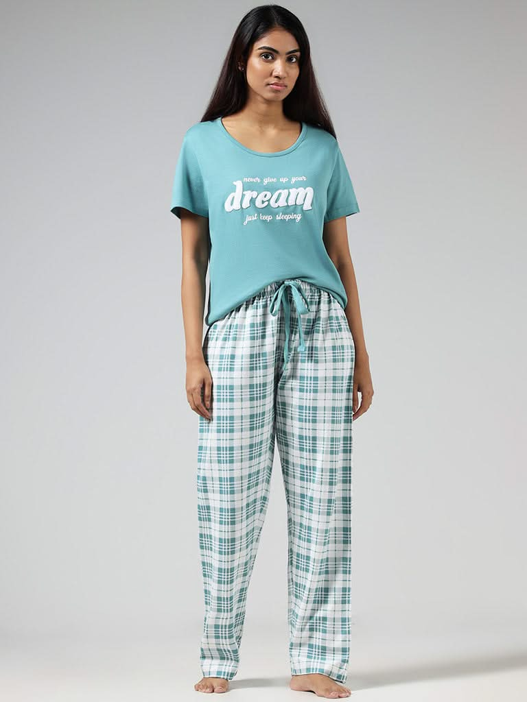 Wunderlove Teal Typographic Printed Pyjamas Set In A Bag