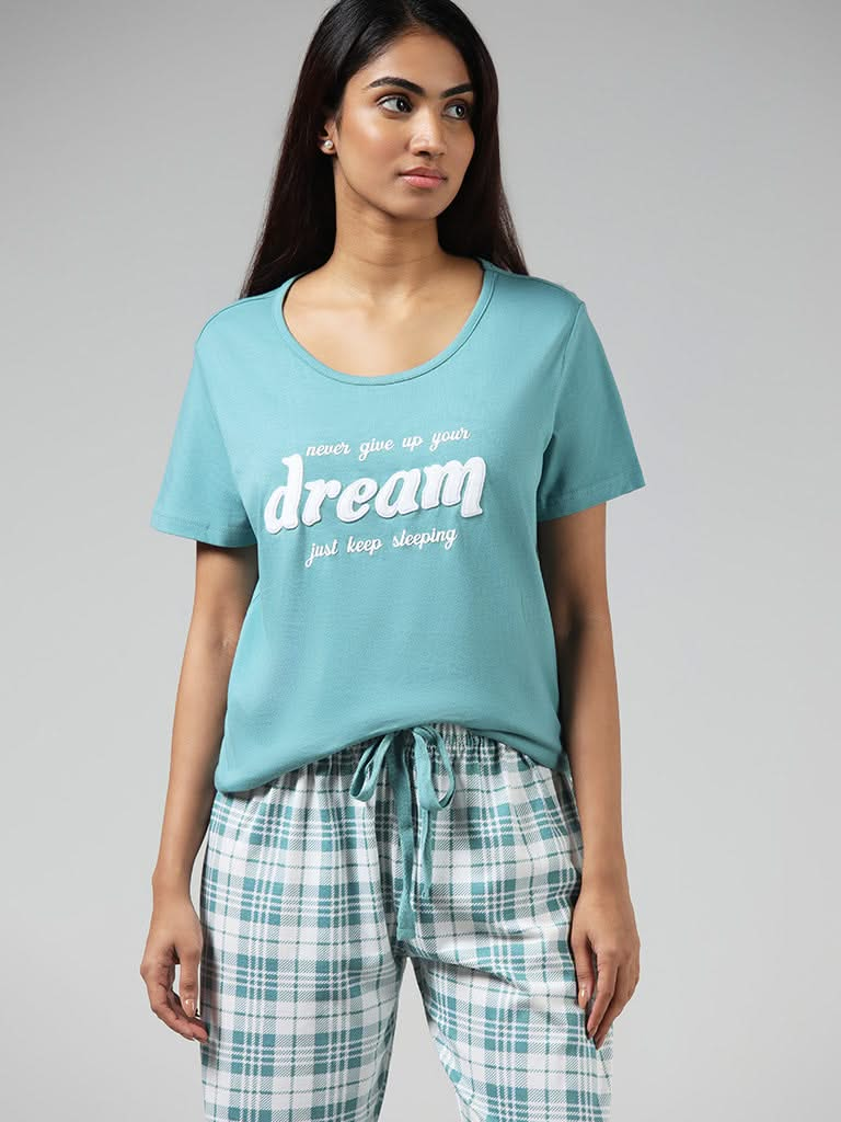 Wunderlove Teal Typographic Printed Pyjamas Set In A Bag