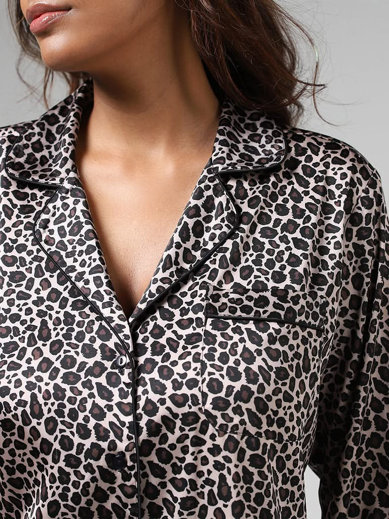 Wunderlove Dark Brown Animal Printed Satin Shirt & Pyjamas Set