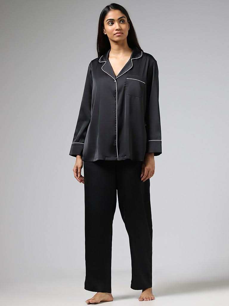 Wunderlove Solid Black Satin Shirt & Pyjamas Set