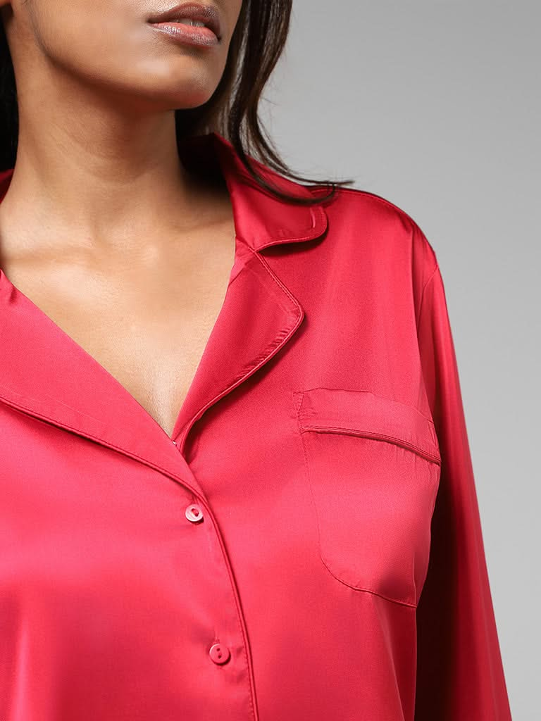 Wunderlove Solid Red Satin Shirt & Pyjamas Set