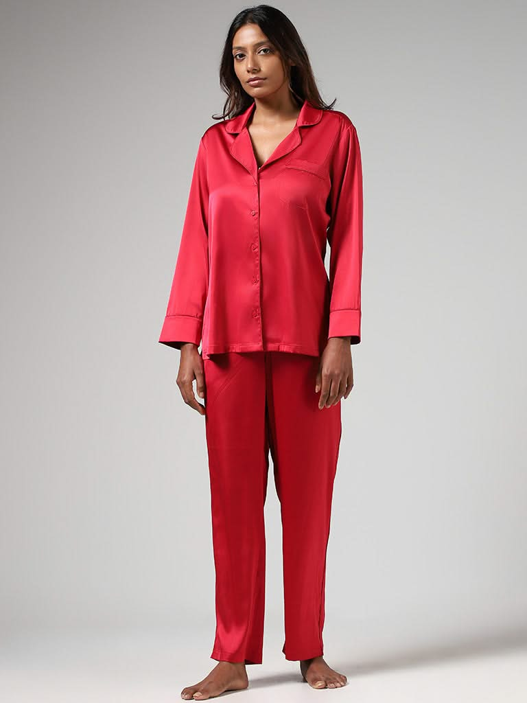 Wunderlove Solid Red Satin Shirt & Pyjamas Set