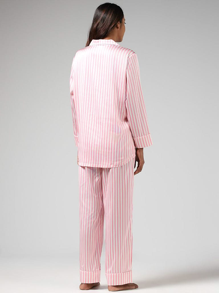 Wunderlove Light Pink Candy Striped Satin Shirt & Pyjamas Set