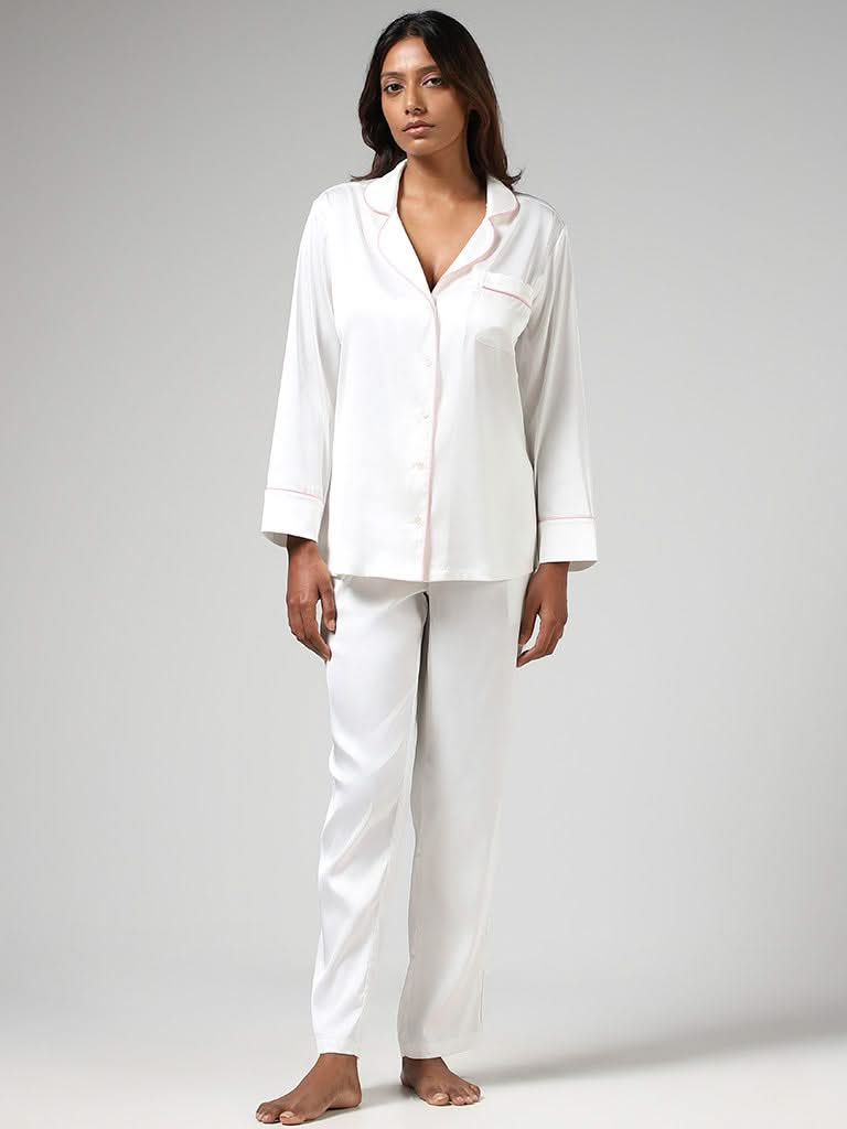 Wunderlove Solid White Satin Shirt & Pyjamas Set