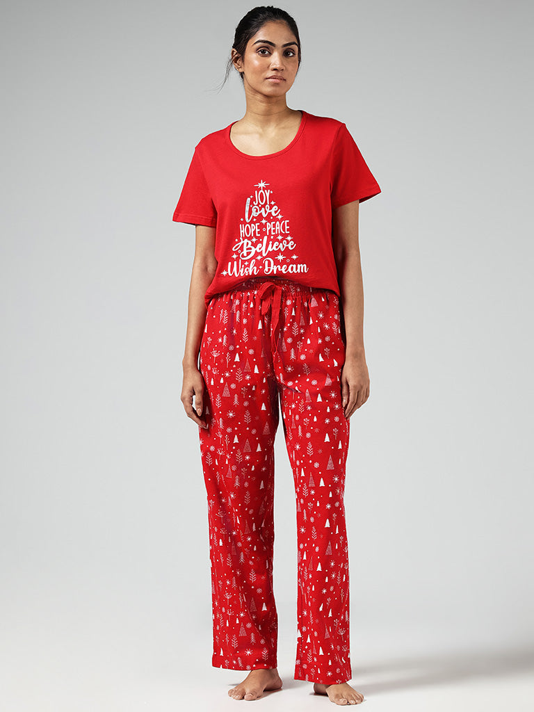 Wunderlove Red Printed Cotton Pyjamas