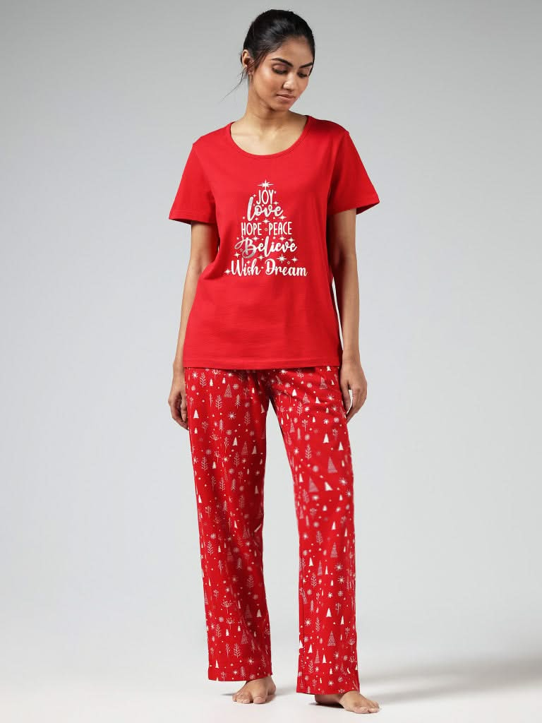 Wunderlove Red Typographic Printed Cotton Top