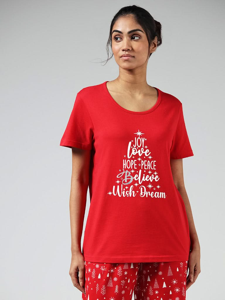 Wunderlove Red Typographic Printed Cotton Top