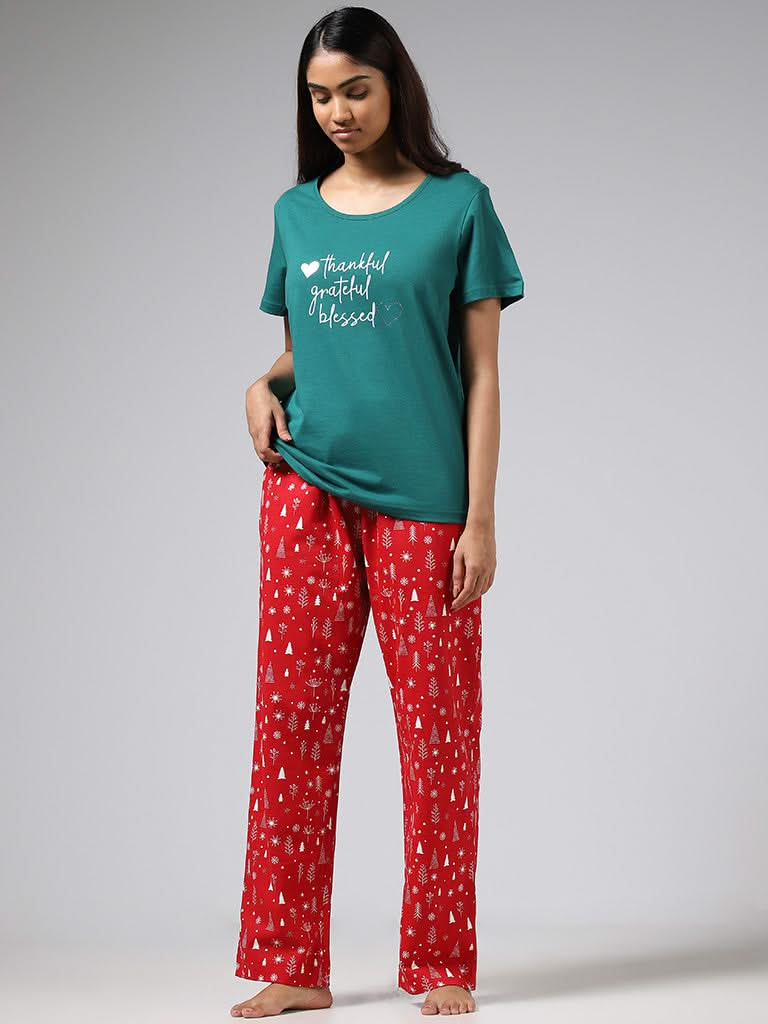 Wunderlove Emerald Green Typographic Printed Cotton Top