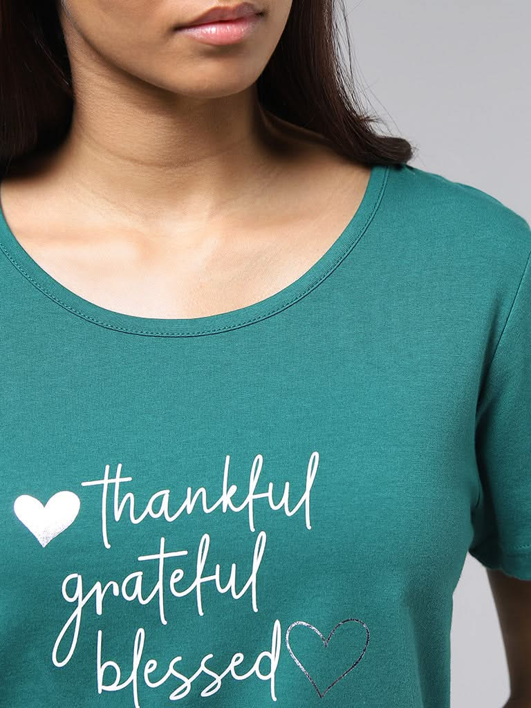 Wunderlove Emerald Green Typographic Printed Cotton Top