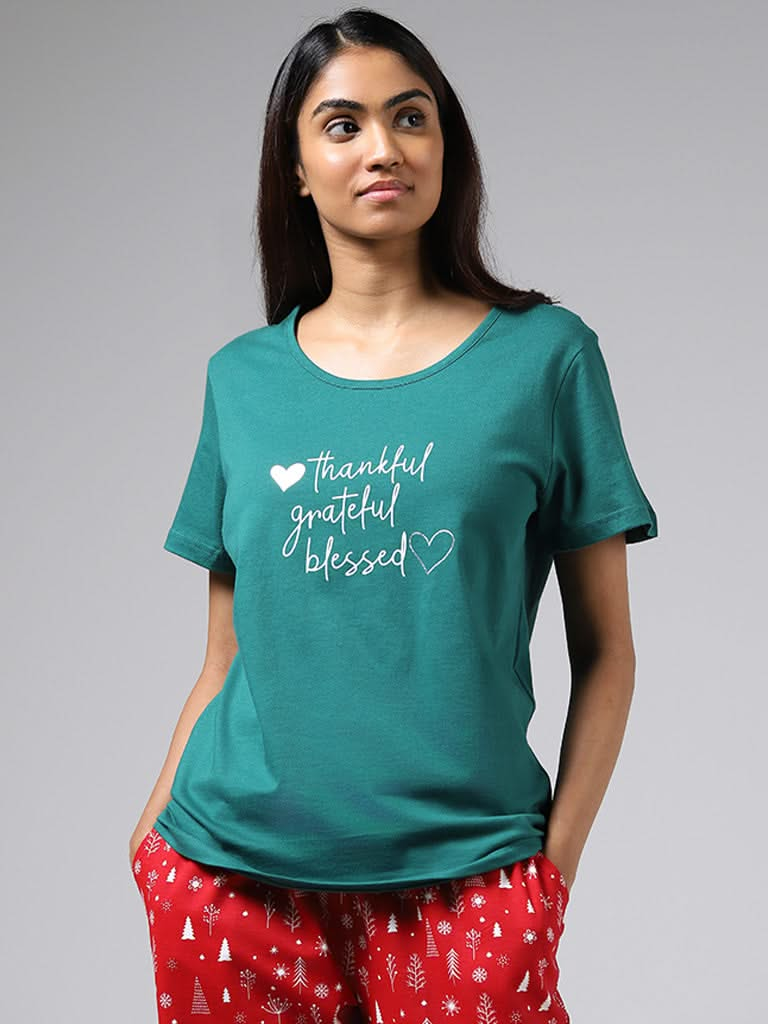 Wunderlove Emerald Green Typographic Printed Cotton Top