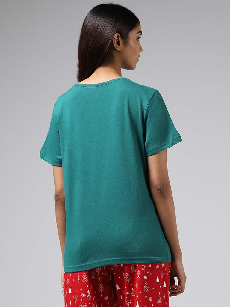 Wunderlove Emerald Green Typographic Printed Cotton Top