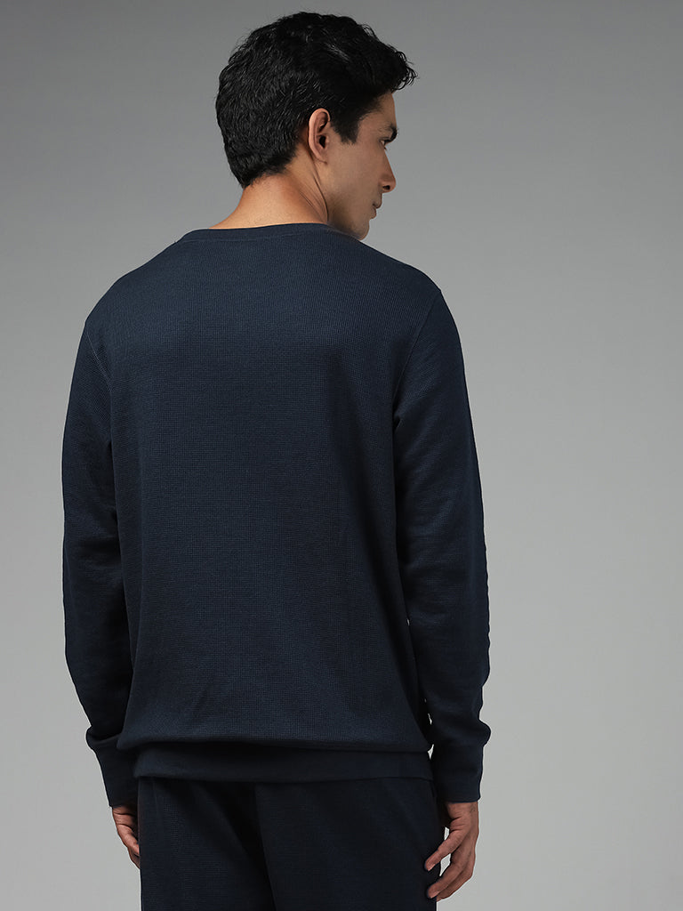 WES Lounge Solid Dark Blue Ribbed Relaxed-Fit Sweatshirt